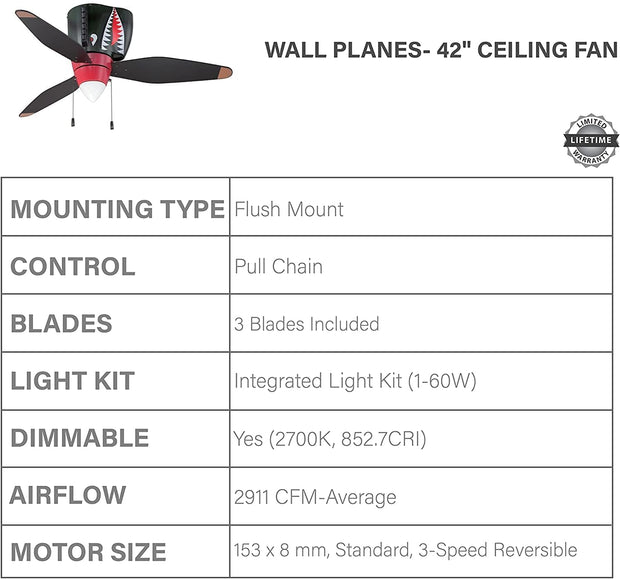 Aircraft-Themed Ceiling Fan 48-inch 3-Blade Solid Wood
