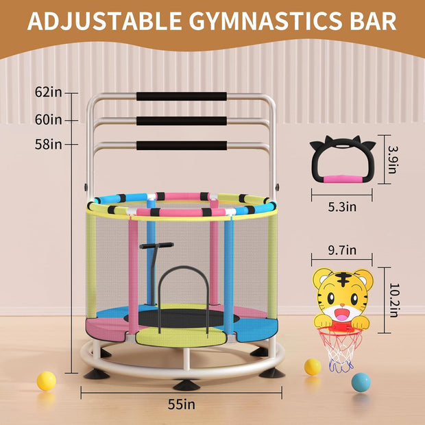 🌟 Kids Trampoline with T-Bar | Rust-Proof & Quiet · 440LBS Capacity · 5 Fun Toys