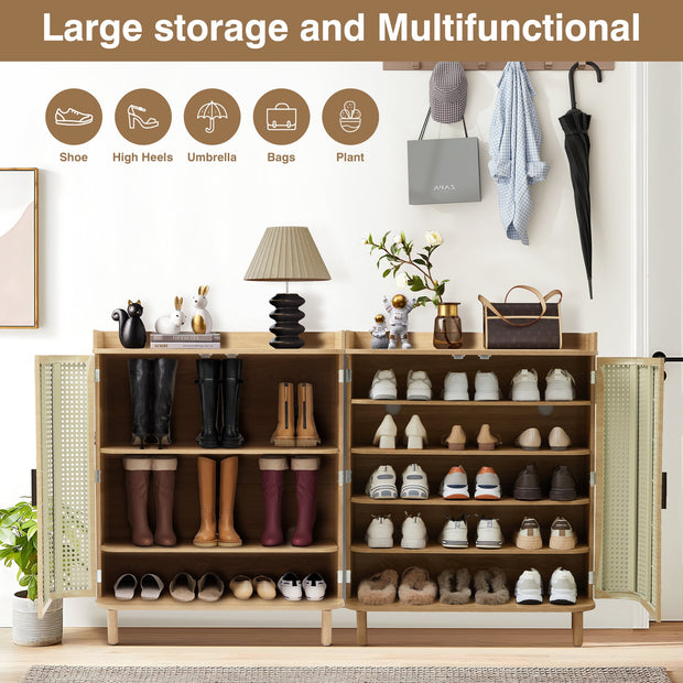 Rattan Shoe Cabinet | 5 Adjustable Shelves · Breathable Design · 200LBS Capacity