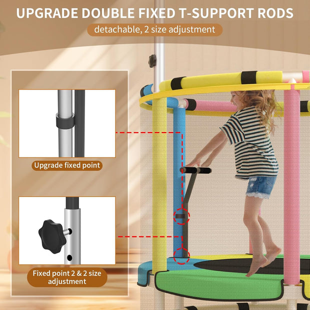 🌟 Kids Trampoline with T-Bar | Rust-Proof & Quiet · 440LBS Capacity · 5 Fun Toys