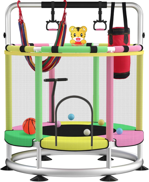 🌟 Kids Trampoline with T-Bar | Rust-Proof & Quiet · 440LBS Capacity · 5 Fun Toys