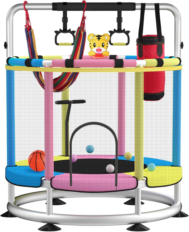 🌟 Kids Trampoline with T-Bar | Rust-Proof & Quiet · 440LBS Capacity · 5 Fun Toys