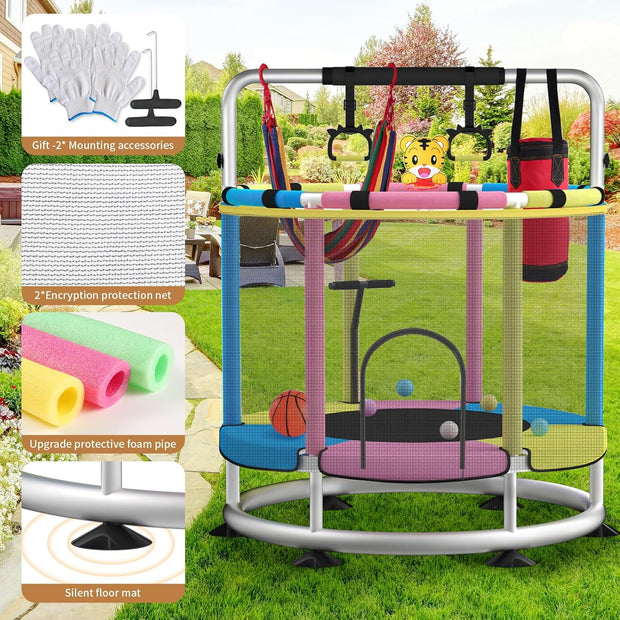 🌟 Kids Trampoline with T-Bar | Rust-Proof & Quiet · 440LBS Capacity · 5 Fun Toys